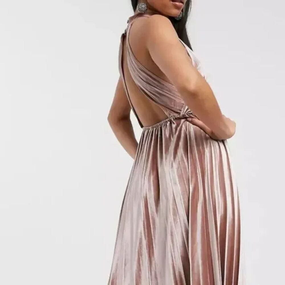 ASOS High Neck Pleated Champaign Pink Formal Maxi Dress Velvet Size 8 Chic Glam - Picture 3 of 16